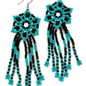 3 1/2" Boho Turquoise & Black Flower Tasseled Hand Beaded Tassel Dangle Earrings
